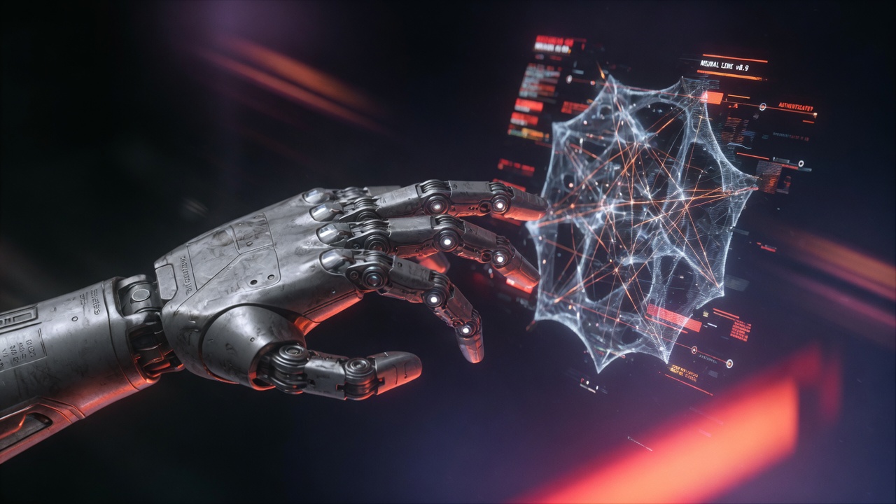 Robotic hand reaching toward a glowing holographic web form interface
